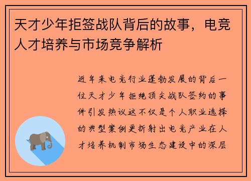 天才少年拒签战队背后的故事，电竞人才培养与市场竞争解析