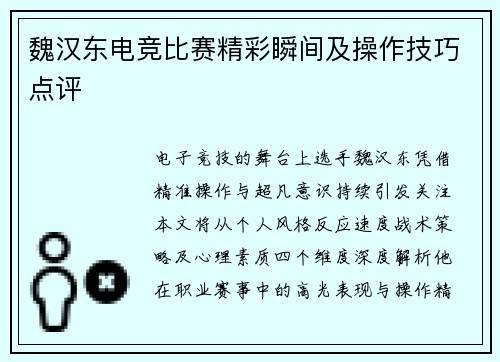 魏汉东电竞比赛精彩瞬间及操作技巧点评